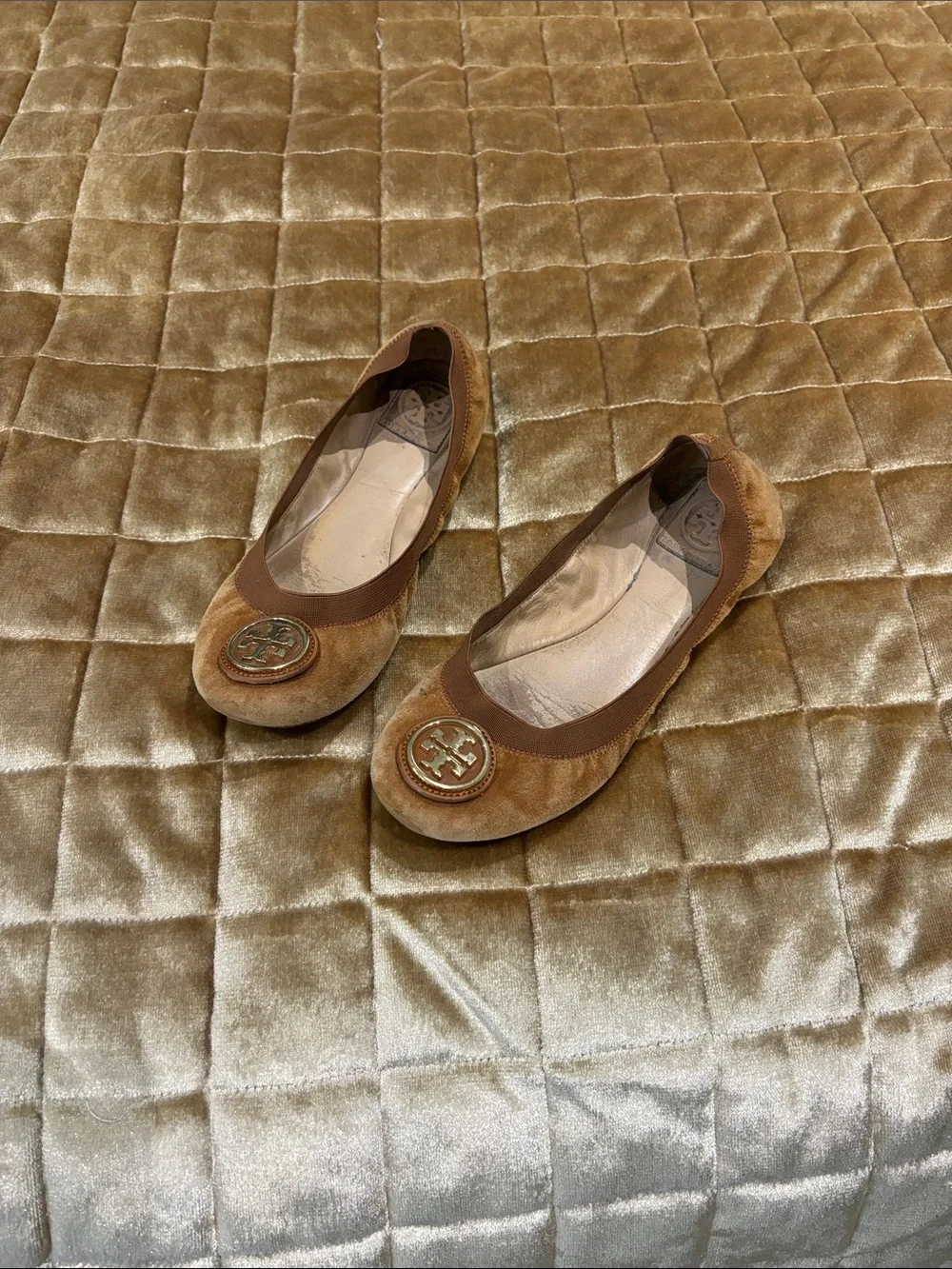 Tory Burch Camel Suede Logo Ballet Flats